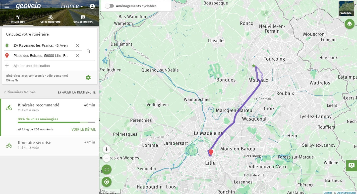 Itinéraires vélo et multi-modal dans le nord avec Geovelo.fr